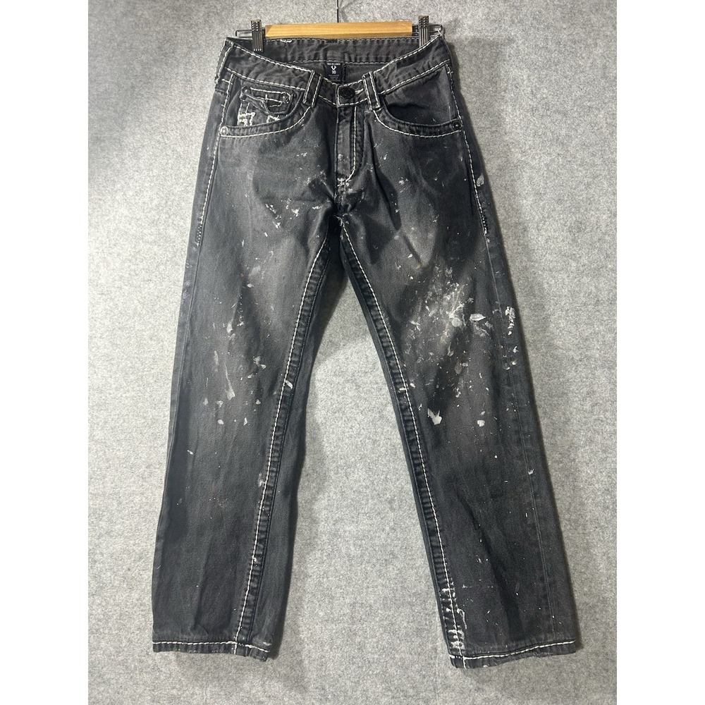 True Religion Ricky Big T Jeans 30 Black Paint Splatter White Stitch USA Y2K